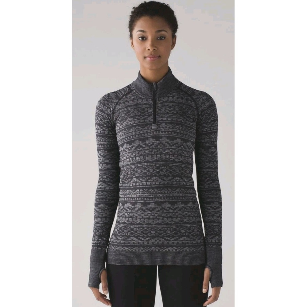 Lululemon Women 2 Rest Less 1/4 Zip Long Sleeve Grey Black Print Yoga Pilates